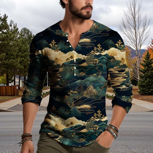 Henley Shirts for Men Vintage Printed Tops Casual Long Sleeve Slim Fit Button Pullover Tee Shirts2