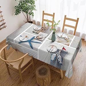 Marine Sail Boat Beach Starfish Shell Sea Life Rectangle Tablecloth Water Resistant Table Cloth Wrinkle Free Decor Fabric Farmhouse Table Cover for Dining Kitchen Picnic Boho Party Decor, 54 x 72 Inch