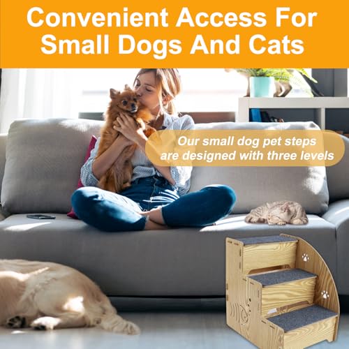 Haustiertreppe,Treppe 3 Stufen,Katzentreppe aus natürlichem Holz,35cm Tiertreppe,Stabil und rutschfest,Katzentreppe Hunderampe für kleine,mittelgroße und große Hunde