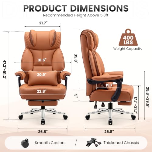 Image of BestGlory Office Desk Chair, Big and Tall Leather Gaming Chair with Footrest, Ergonomic Comfy Executive High-Back Reclining Computer Chairs, Wide Swivel Rolling Wheels and Padded Lumbar Support, Brown