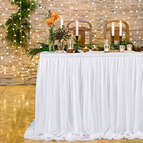 Wedding White Chiffon Table Skirt 14Ft Tablecloth For Birthday Party Baby Shower Wedding Bridal Shower Home Decor #TOP1