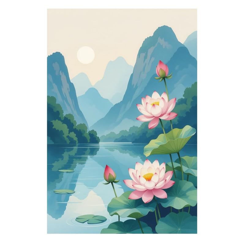 Serene Pink Lotus Flowers with Misty Blue Mountain Lake Background Vinyl Sticker Poster Meditation Room Self-Adhesive Spiritual Nature Mural Size 40x60 cm-image-21