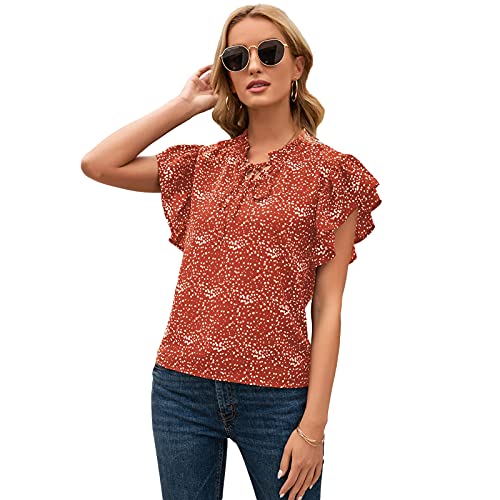 Ample Top T-Shirt Manchon De Lotus Femmes À Manches Courtes Impression À Pois Chemise (Veuillez Vérifier La Taille De l'image Avant D'acheter, Comprend Uniquement Les Hauts),Rouge,S Cover