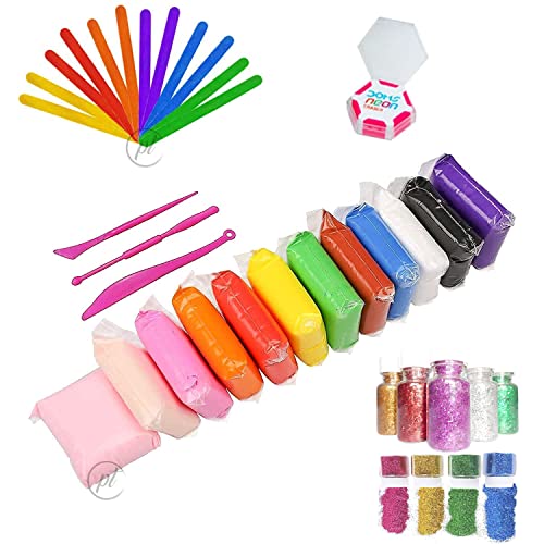 Image of PT Air Dry Clay 12 pc+1 Eraser+ Glitter+12 Popsicle Sticks, Free Stickers with Modeling Clay & Dough, Creative Art DIY Kids Art Crafts, Best Gift for Boys & Girls Age 3-12 Year Old