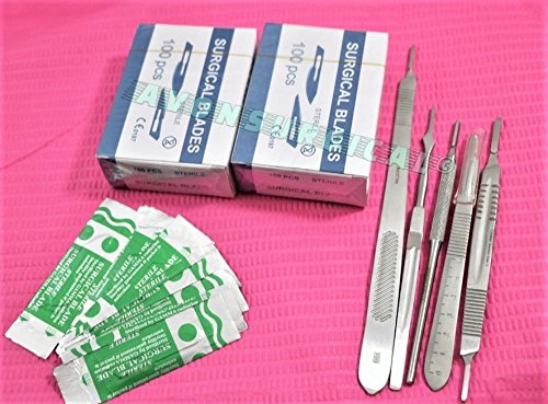 5 ASSORTED SCALPEL KNIFE HANDLE #3 + 200 SURGICAL STERILE DISSECTING BLADES ( CYNAMED )
