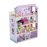 HOMCOM Puppenhaus aus Holz Puppenvilla für Kinder ab 3 Jahren Puppenstube Dollhouse 4 Etagen mit Möbel und Zubehör Spielzeug 60 x 30 x 80 cm