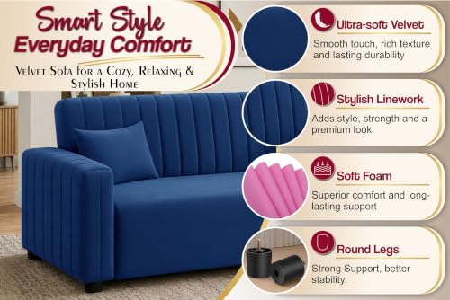 Image of Modern 3 Seater Sofa | Vertical Channel Tufted Backrest & Armrests | Plush Cushioned Seating | Contemporary Upholstered Couch for Living Room, Bedroom & Office - Blue Color