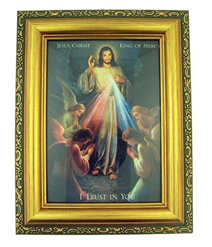 Framed Art Italian Lithograph Jesus Christ King of Mercy Print in Antique Gold Tone Frame with Glass, 6 1/2 Inch