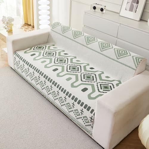 Image of HOMETHREADS Chenille Bohemian Boho Style Sofa Cover | Thick & Soft Luxury Slipcover | Protective, Washable & Stylish Couch Cover for Living Room Decor. (Bohemian Green, 3 Seater | 180x180cm)