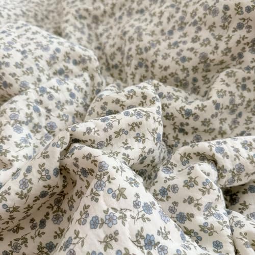 Image of BuLuTu Chic Shabby Blue Floral Print Duvet Cover Queen, Double-Layer Cotton Muslin Comforter Cover with Ruffles, Kids Teens Bedding Quilt Covers,90 inchx90 inch, Zipper Closure, No Pillow