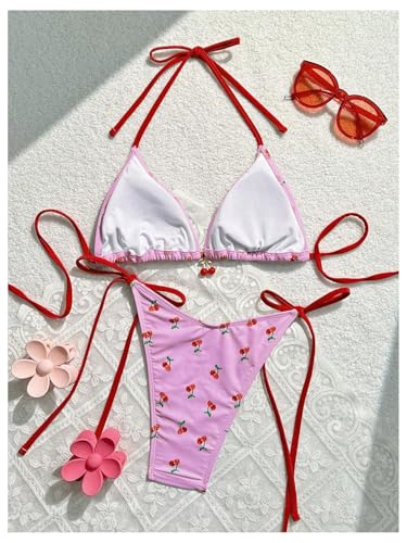 Trajes cordón lateral estilo bikini triangular rosa con estampado de cerezas 2