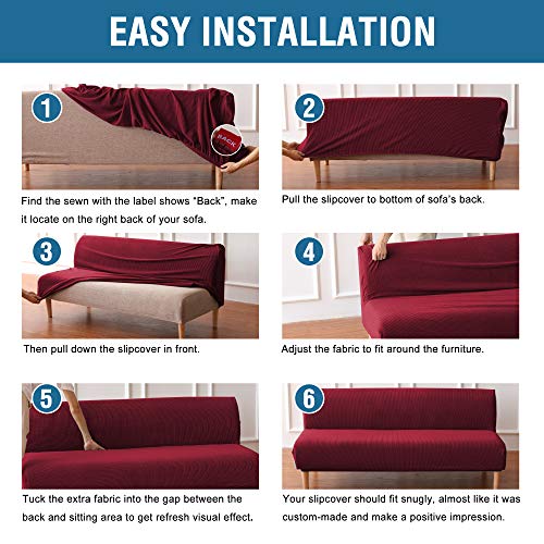 H.versailtex Armless Futon Cover Stretch Sofa Bed Slipcover Protector Elastic Feature Rich Textured High Spandex Small Checks Jacquard Fabric Futon Cover, Machine Washable, Burgundy Red #TOP4