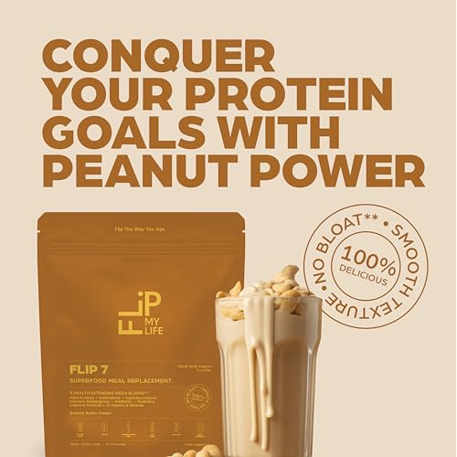 Image of Flip My Life, Flip 7 Natural SuperFood, Plant-Based Protein, Complete Meal Replacement to Support Healthy Gut, 7 Mega Nutrient Rich Blends all in one to AGE BETTER - Peanut Butter