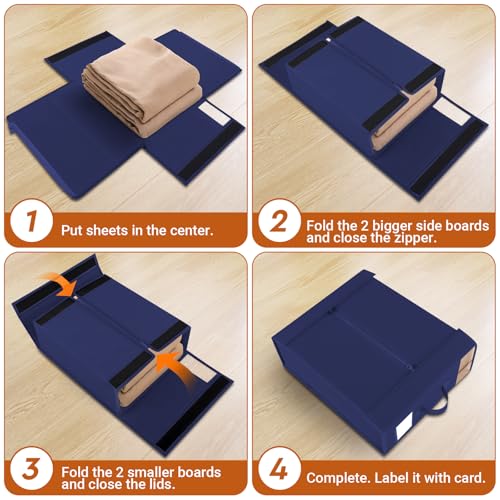 Image of StorageTastic 4 Pack Bed Sheet Closet Organizers and Storage,Sturdy Foldable Storage Containers with Window and Label,Storage and Organization for Bedding Sheets,Duvet Covers,Blankets (Blue)
