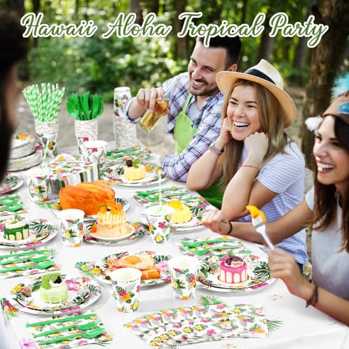 Image of Funnymoom 452 Pcs Hawaiian Luau Party Decoration for 50, Tropical Aloha Paper Plate Napkin Cup Tablecloth Cutlery Palm Leaf Hibiscus Disposable Tableware for Summer Beach Floral Birthday Party Supply
