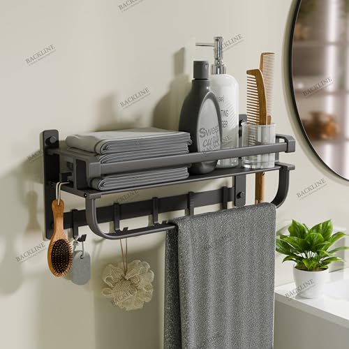 Image of Backline Aluminium Towel Rack for Bathroom | Corrosion Resistant, Anti-Peel and Scratch Resistant | Towel Holder in Bathroom with Shelf for Shampoo & Face Wash |Towel Rod with Hooks(3 Years Warrenty)