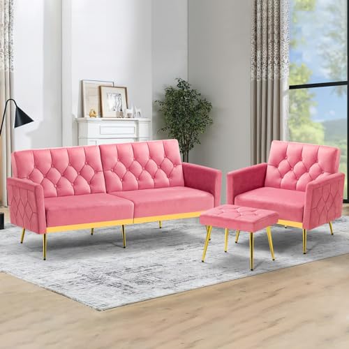 2 Pieces Velvet Sofa Set with Adjustable Armrests Backrests Tufted Futon Sofa Bed with Golgen Metal Legs Modern Accent Chair with Ottoman for Living Room Apartment Pink