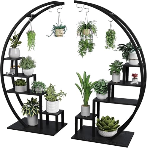IDEALHOUSE 2 Pack 5 Tier Tall Indoor Plant Stand Metal Half Moon Tiered Flower Rack Space-Saving Design with 6 Hangers for Multiple Plants Display Decorative Shelf for Home & Outdoor Brown
