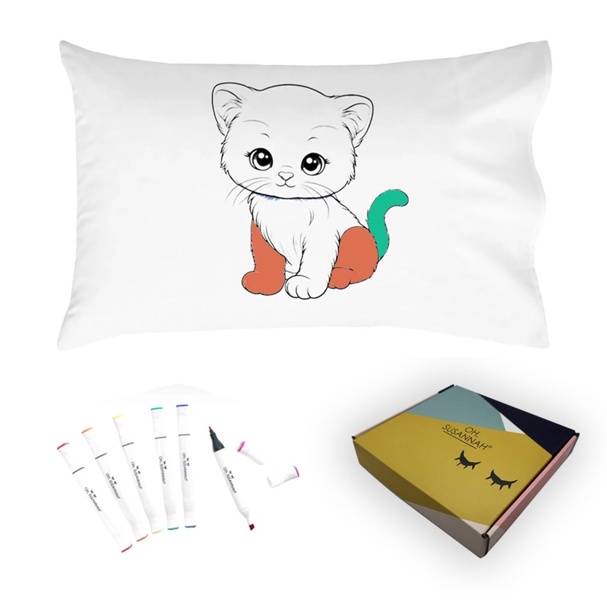 Oh Susannah Cute Kitten (20 by 30 Standard) Coloring Pillow Cover with Permanent Fabric Markers -Color me, Doodle Pillow, Kids Pillow