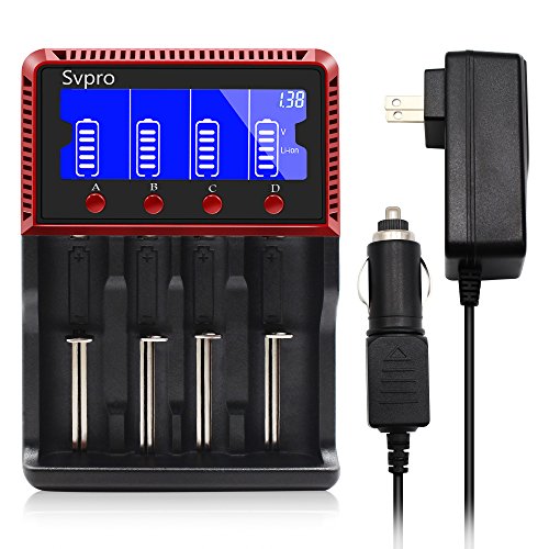 SVPRO LCD Display Battery Charger for AA AAA C Ni-MH Ni-CD Rechargeable Batteries 18650 26650 10440 14500 Li-ion LiFePO4 with Adapter Charger and Car charger (4 Slot)