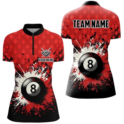 Personalized Red Grunge 8 Ball Pool Women Quarter Zip Shirts Billiard Team Jerseys Uniform T1183