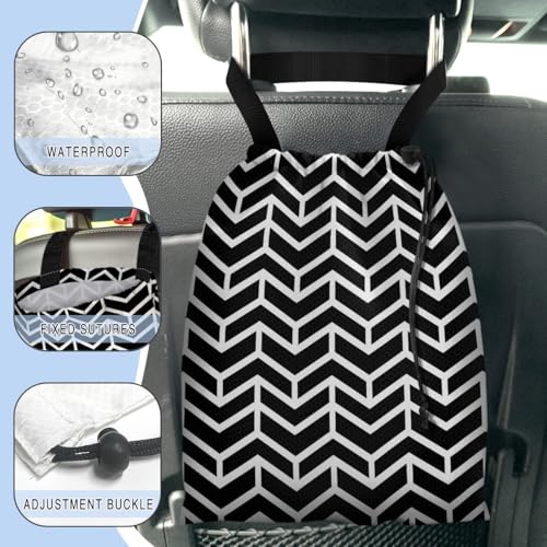 Image of Car Trash Bag Hanging Back of Seat Waterproof Small Cute Printed One-Handed Strap Drawstring Garbage Bags for Car-Black White