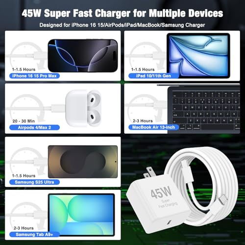 Image of 45W iPhone 17 16 Pro Max Charger Fast Charging,3Pack USB C Fast Charger Block with Long 10 /10 /6FT C to C Cable for Apple 17 Pro Max /16 Pro /15 /iPad 13th,PD Quick Adapter 3.2 for iPhone 17-Purple