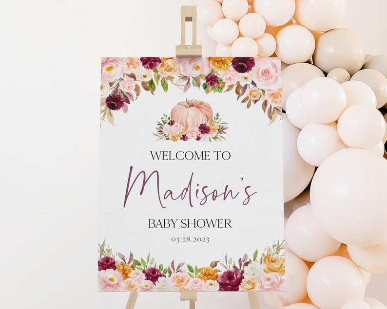 Personalized Baby Shower Welcome Sign, Burgundy Little Pumpkin Baby Shower Sign, Fall Floral Pumpkin Baby Shower Poster, Girl Pumpkin Baby Shower Decor, Fall Floral Baby Shower Sign