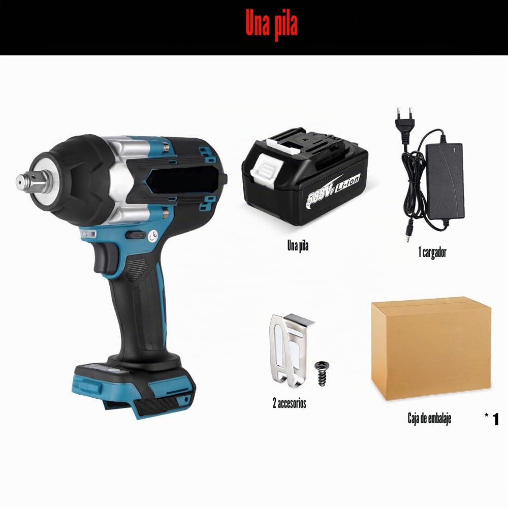 1200N.M - Llave de impacto inalámbrica de 1/2 pulgadas, compatible con Makita 18 V, llave de impacto multifunción con luz LED, con batería, 7200 rpm, 4 velocidades, para coche y casa (azul)