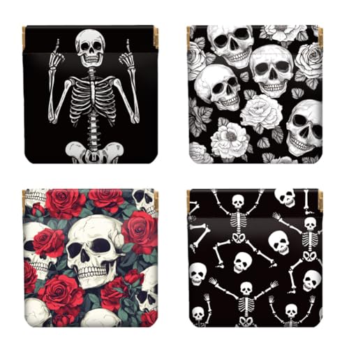 Peacoblue 4Pcs Leather Squeeze Coin Purse for Women - Cool Black Skeleton Waterproof & Durable Change Pouch Money Wallet, Best Gift for Granddaughter Daughter Wife Halloween Gifts