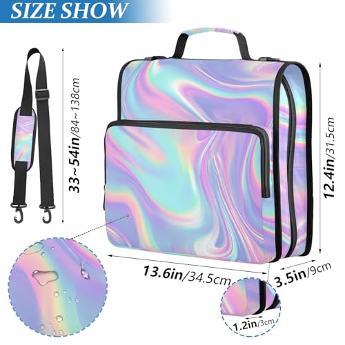 Image of Holographic Neon Pattern Iridescent Zipper Binder Bag 3 Ring Binder with Shoulder Strap Zip Up 500 Sheets Capacity Multi Pockets for School Office Supplies