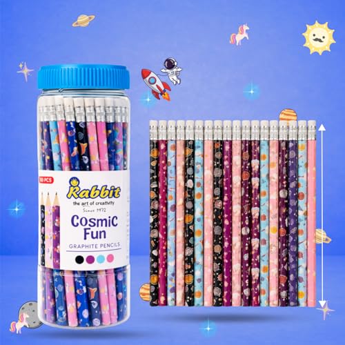 Image of Cosmic Fun Pencils (Pack of 50) | Super Fun Unicorn & Space Cartoon Theme Dark Lead Pencils for Kids | HB Writing Pencils for Girls & Boys | School & Return Gift Stationery.