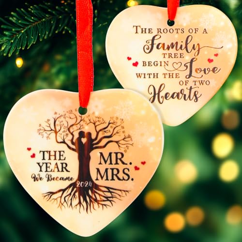 Image of Wedding Ornament 2024 - Handcrafted Heart Ceramic First Anniversary Keepsake - Romantic Mr. & Mrs. Ornament for Couples - First Christmas Married Gift - 2024 Holiday Home Decor