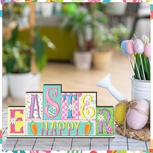 Yousoontic easter decorations pastel spring table decor reversible happy easter wooden sign farmhouse hello spring tabletop centerpiece for home tiered tray shelf office desk mantel rustic decor  urban country home decor