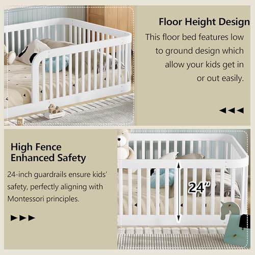 Image of Bellemave Full Size Floor Bed Frame with High Fence,Solid Wood Kids Montessori Floor Bed Full Size for Kids Girls Boys,Rounded Corner Design,White