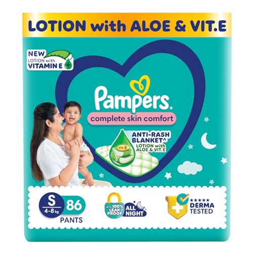 Image of Pampers Complete Skin Comfort Pants, (S) 86 Count, Anti-rash blanket, Lotion with Vitamin E & Aloe Vera, Small size baby diapers, 4-8 kg