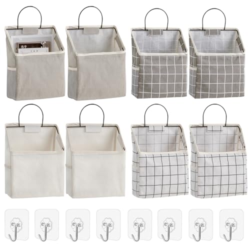 Voittozege 8 Pack Wall Hanging Storage Bags, Wall Hanging Organizer Basket Cotton Linen Storage Hanging Caddy Bag with 10 Pieces Sticky Hooks for Door Closet Dormitory Bathroom Living Room