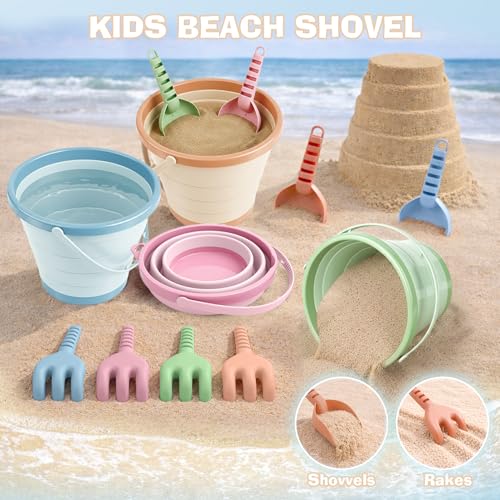 Beach Toys for Kids, 4 Pack Collapsible Beach Bucket with Shovels and Rakes - Image 4