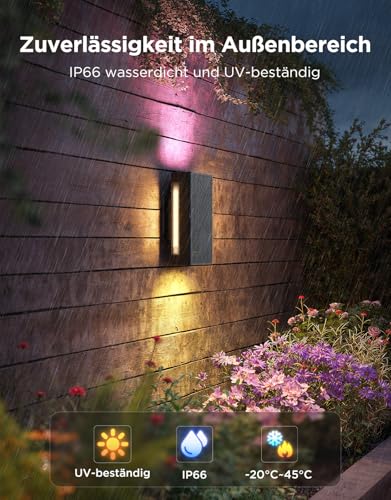 Govee Outdoor UpDown Wandleuchte RGBICWW, 1400LM LED Wandleuchte Aussen mit 64 Szenenmodi, IP66 Wasserdicht Wandlampe, Funktioniert mit Matter, Alexa und Google Assistant, 2er-Pack 4