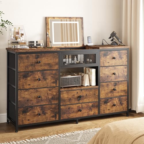 EnHomee 55" W Dresser for Bedroom, Dresser with Mirror & LED Lights & Charging Station, Dressers & Chests of Drawers for Bedroom with 10 Fabric Drawers, Hallway, Rustic Brown