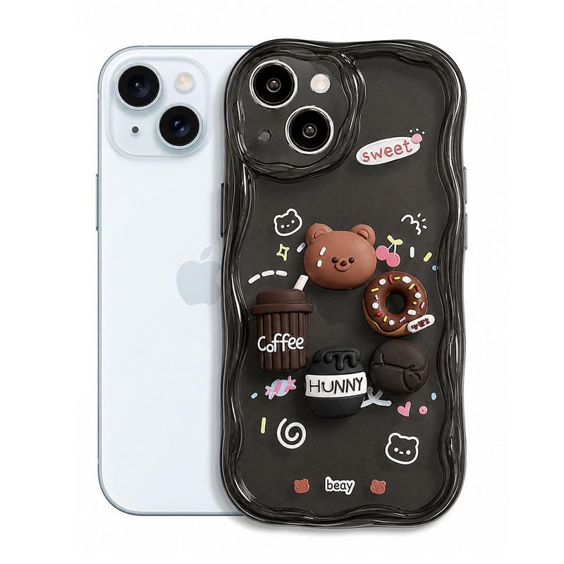 Image of ZR023 Compatible for iPhone 15 Cute Teddy Bear Design Back Cover | Soft Silicone Shockproof Protective Case | Slim Fit Stylish Camera Protection Phone Cover - Transparent Black