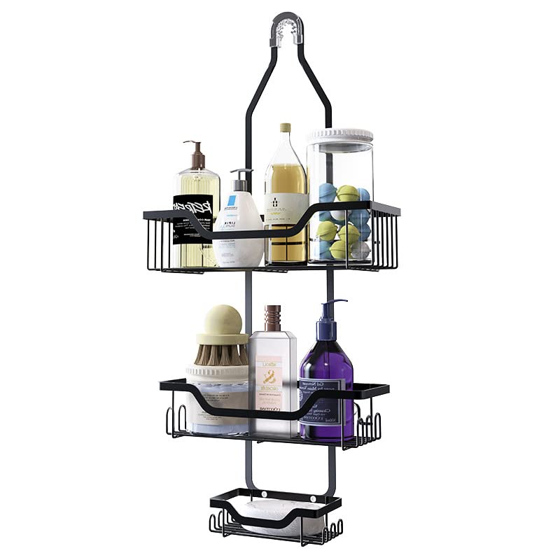 Shower Caddy Over Shower Head Rustproof Aluminum Large Hanging Shower Caddy with 12 Hooks for Razor/Sponge and Vacuum Suction Cups - Over The Shower Head Caddy with Soap Basket (Matte Black)