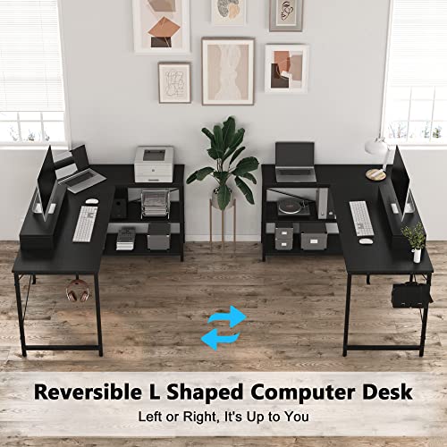 47 Inch L Shaped Computer Desk With Storage Shelves, Heavy Duty Home Office Desks With Monitor Stand, Corner Desk For Small Space Bedroom, Study Writing Workstation Pc Table, Easy To Assemble, Black #TOP3
