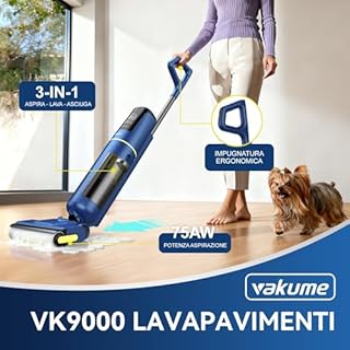 Vakume Lavapavimenti Senza Filo 3-in-1 VK9000 - Lavasciuga pavimenti - Autonomia 45 Min - Doppio Serbato d'Acqua 580ml/520ml - Filtro Triplo, Autopulizia, Display LCD e Assistente Vocale