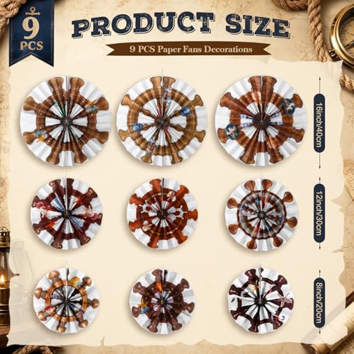 Image of Outus 9 Pcs Nautical Party Decorations Ship Wheel Paper Fans Hanging Decor Coastal Ship Wheels Wall Ceiling Decoration for Sailor Theme Baby Shower Ocean Pirate Beach Cruise Birthday Party Supplies