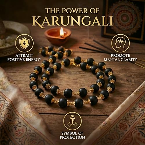 Image of Gratify Original Karungali Mala 54 Beads (7mm) for Men & Women | Authentic Black Ebony Wood Mala with Gold Plated Metal Caps | Spiritual Necklace for Meditation, Prayer, Energy Balance & Positive Vibes