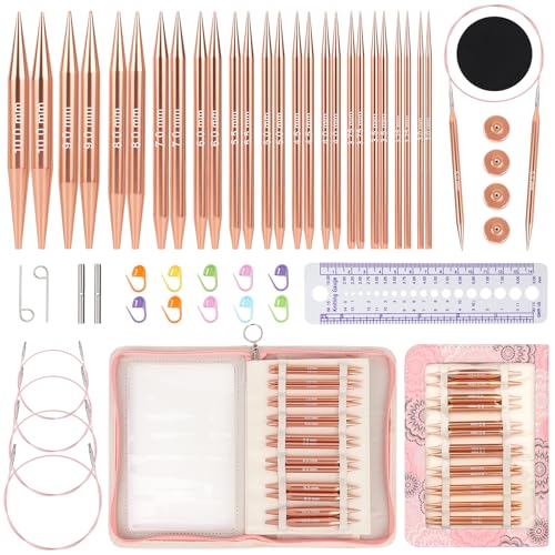 Image of Aeelike Interchangeable Knitting Needles Set, 13 Pairs Aluminum Circular Knitting Needles (3.0mm-10.0mm) with 4 Flexible Cords for Lace Socks & Bulky Projects, Travel Weaving Gift Set