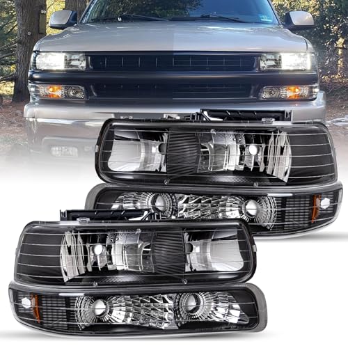 JSBOYAT 4pcs Headlight Assembly Fit for 1999-2002 Chevy Silverado 1500 2500/00-06 Chevy Tahoe Suburban, with Bumper Lights Passenger & Driver Side