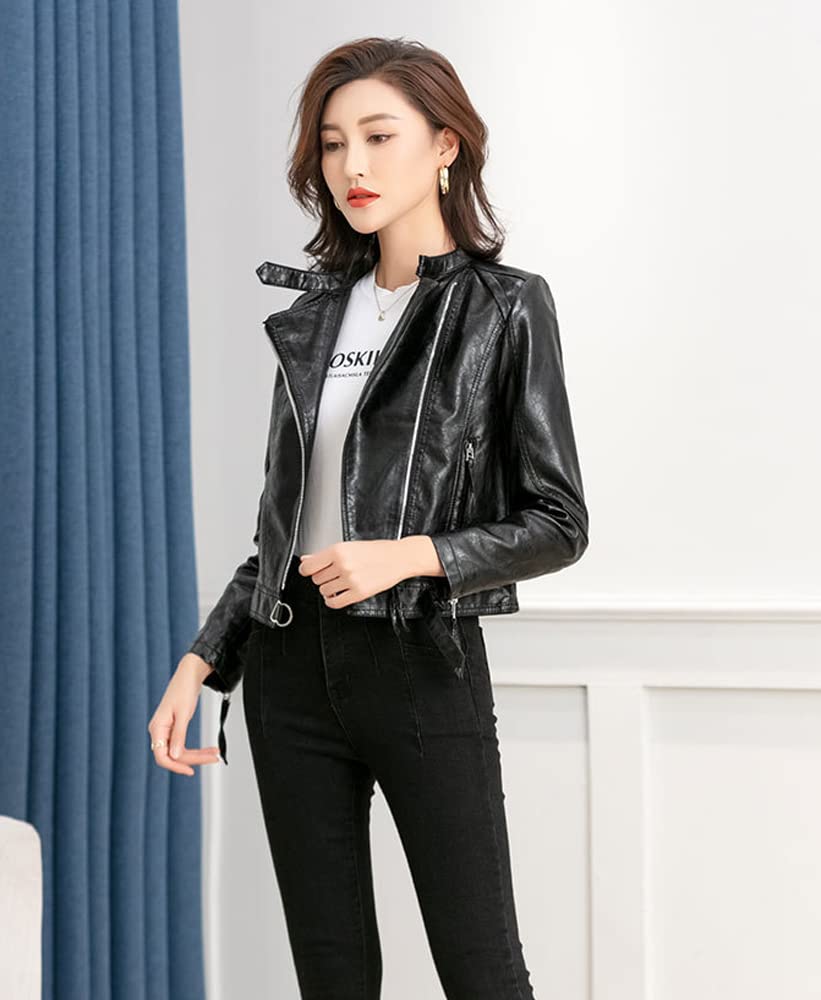 Huixin Moda damska Slim Fit kurtka z imitacji skóry, lekka, ze stójką, dla motocyklistów, krótka skórzana kurtka z zamkiem błyskawicznym pod kątem, Czarny, XXL