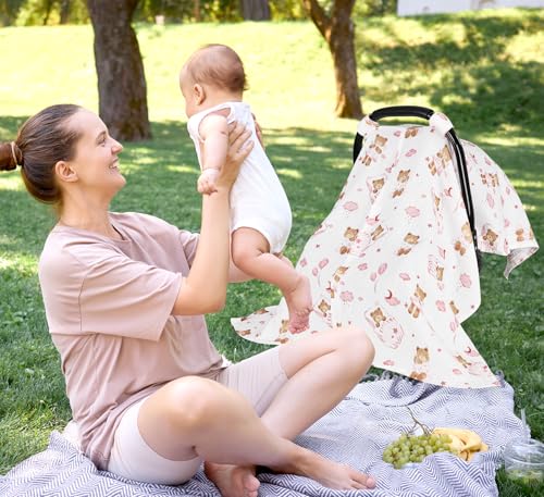 Image of Car Seat Cover Baby Girls Boys, Summer Cotton Baby Car Seat Cover for Carseat, Comfortable Muslin Nursing Cover, Soft Baby Blanket, Breathable Lightweight Infant Stroller Canopy, Pink Bear